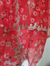 Red organza floral dupatta. Indian long ethnic dupattas for women - Neel Creations By Saanvi