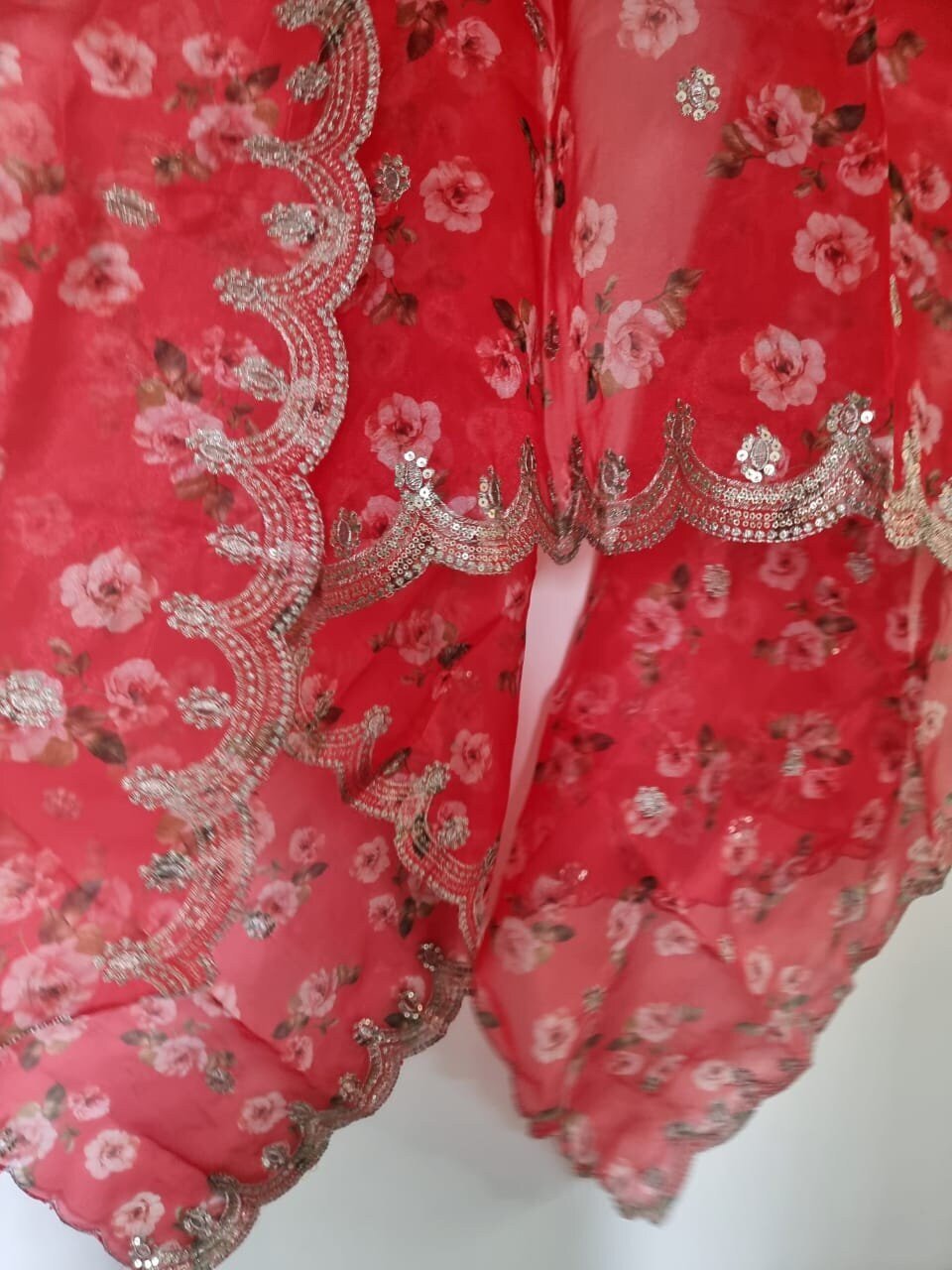 Red organza floral dupatta. Indian long ethnic dupattas for women - Neel Creations By Saanvi