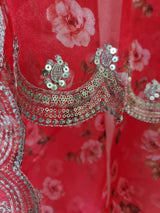 Red organza floral dupatta. Indian long ethnic dupattas for women - Neel Creations By Saanvi