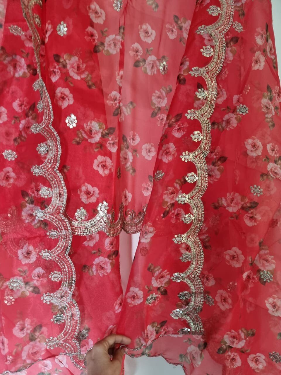 Red organza floral dupatta. Indian long ethnic dupattas for women - Neel Creations By Saanvi