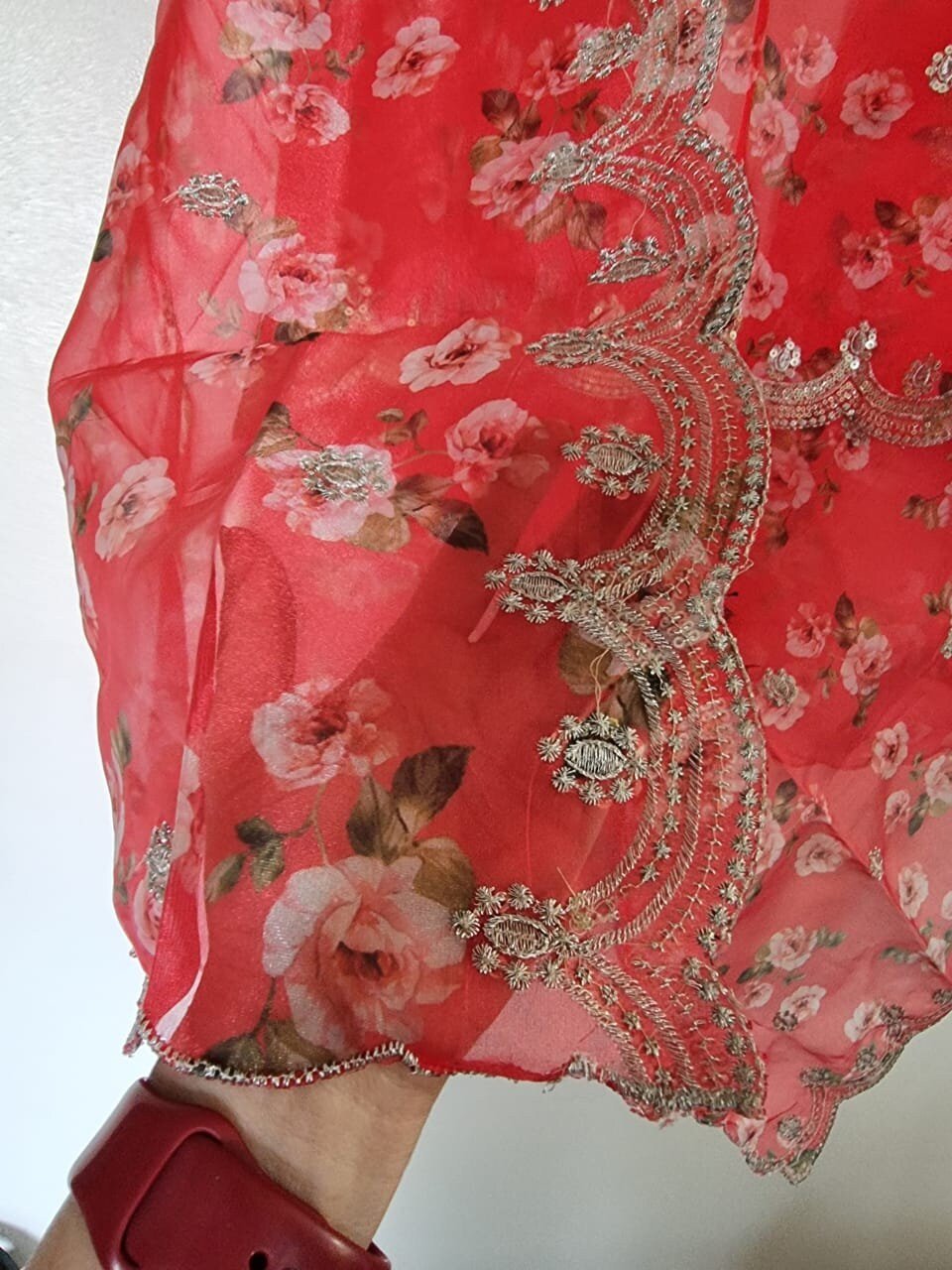 Red organza floral dupatta. Indian long ethnic dupattas for women - Neel Creations By Saanvi