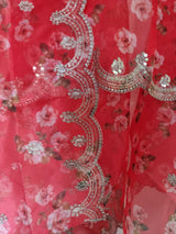 Red organza floral dupatta. Indian long ethnic dupattas for women - Neel Creations By Saanvi