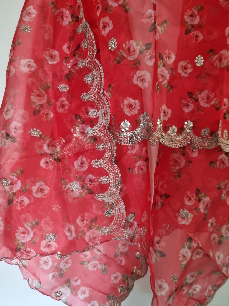 Red organza floral dupatta. Indian long ethnic dupattas for women - Neel Creations By Saanvi