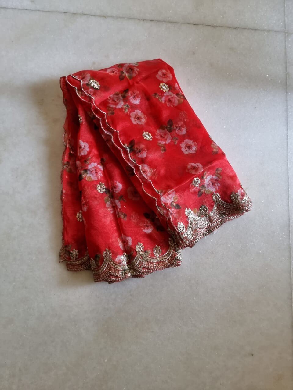 Red organza floral dupatta. Indian long ethnic dupattas for women - Neel Creations By Saanvi