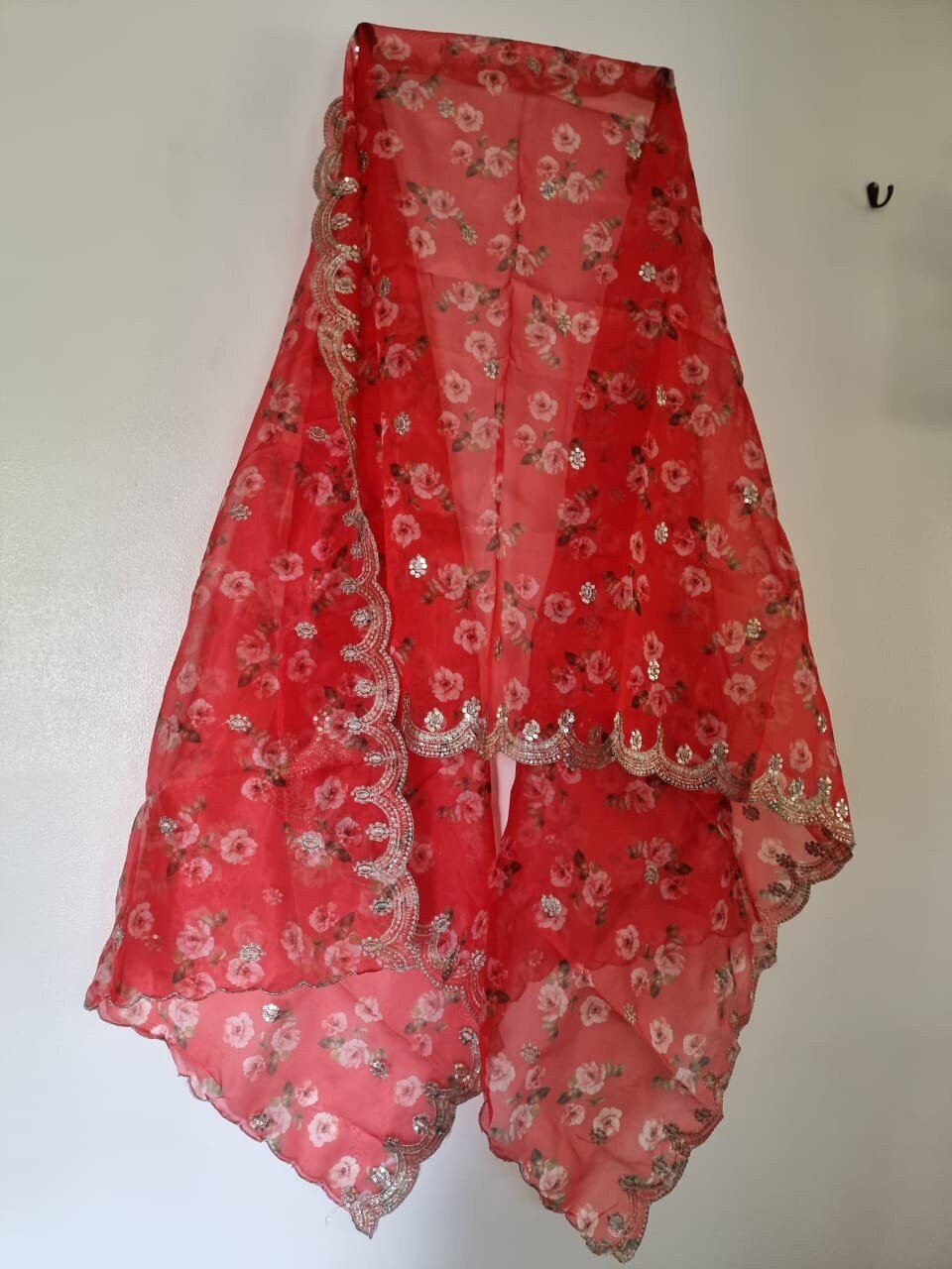 Red organza floral dupatta. Indian long ethnic dupattas for women - Neel Creations By Saanvi
