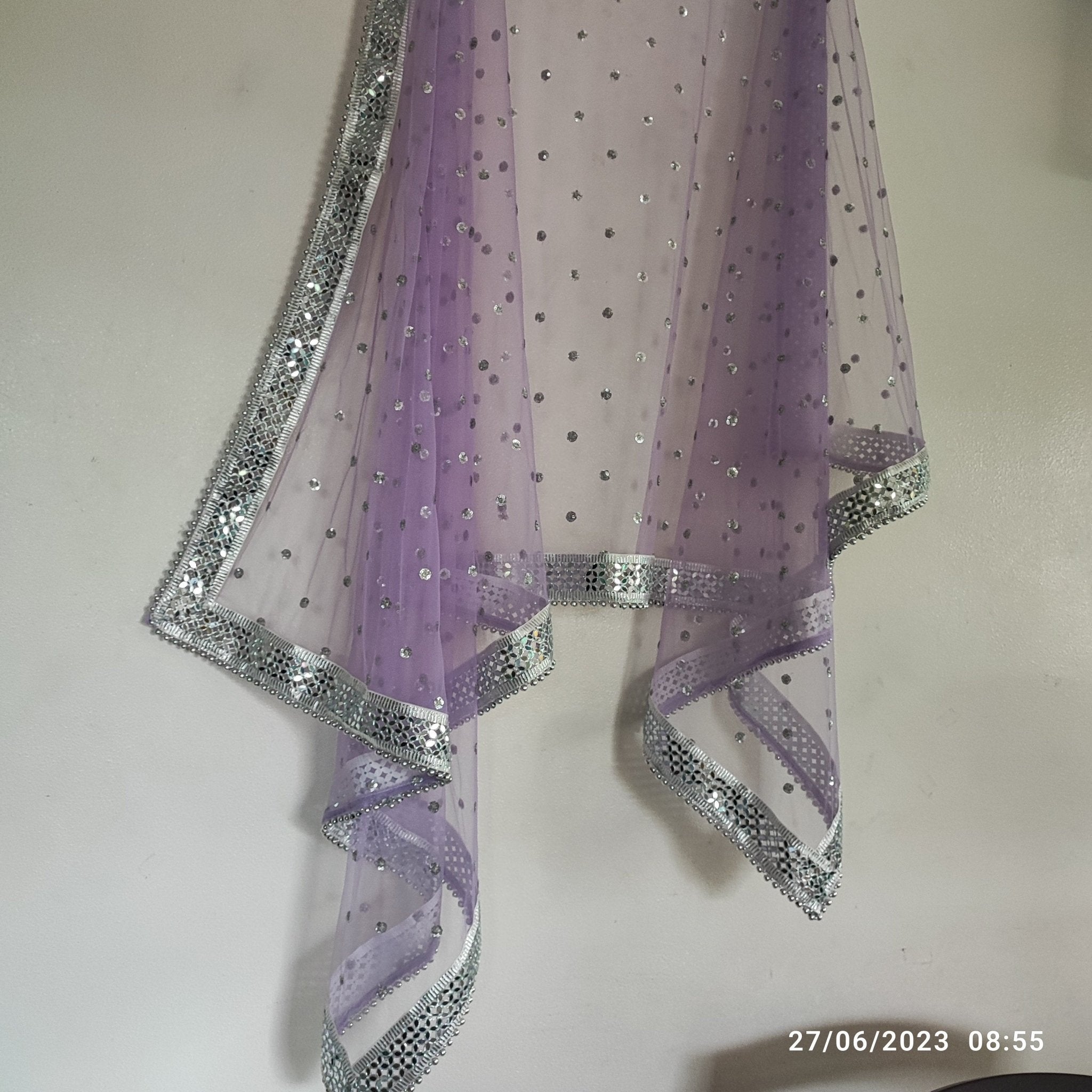 Silver sequin motifs on net. Purple net Indian dupatta. Custom made dupattas - Neel Creations By Saanvi