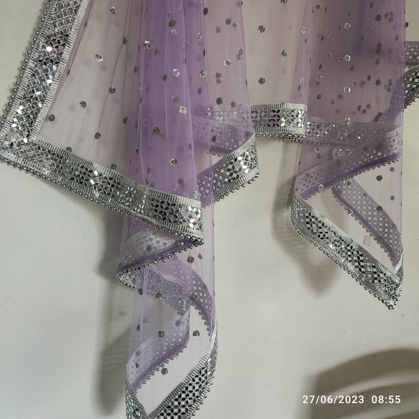 Silver sequin motifs on net. Purple net Indian dupatta. Custom made dupattas - Neel Creations By Saanvi