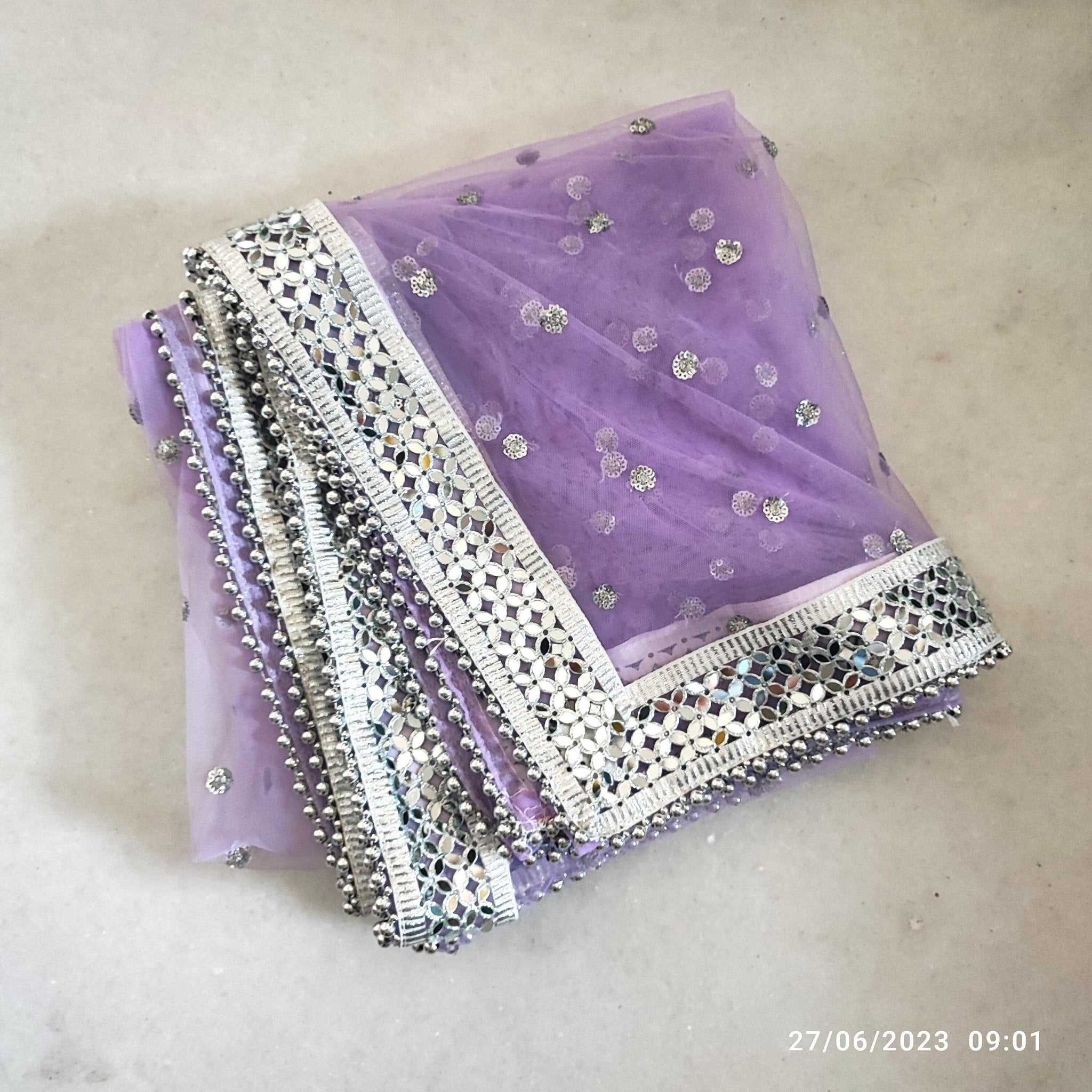 Silver sequin motifs on net. Purple net Indian dupatta. Custom made dupattas - Neel Creations By Saanvi