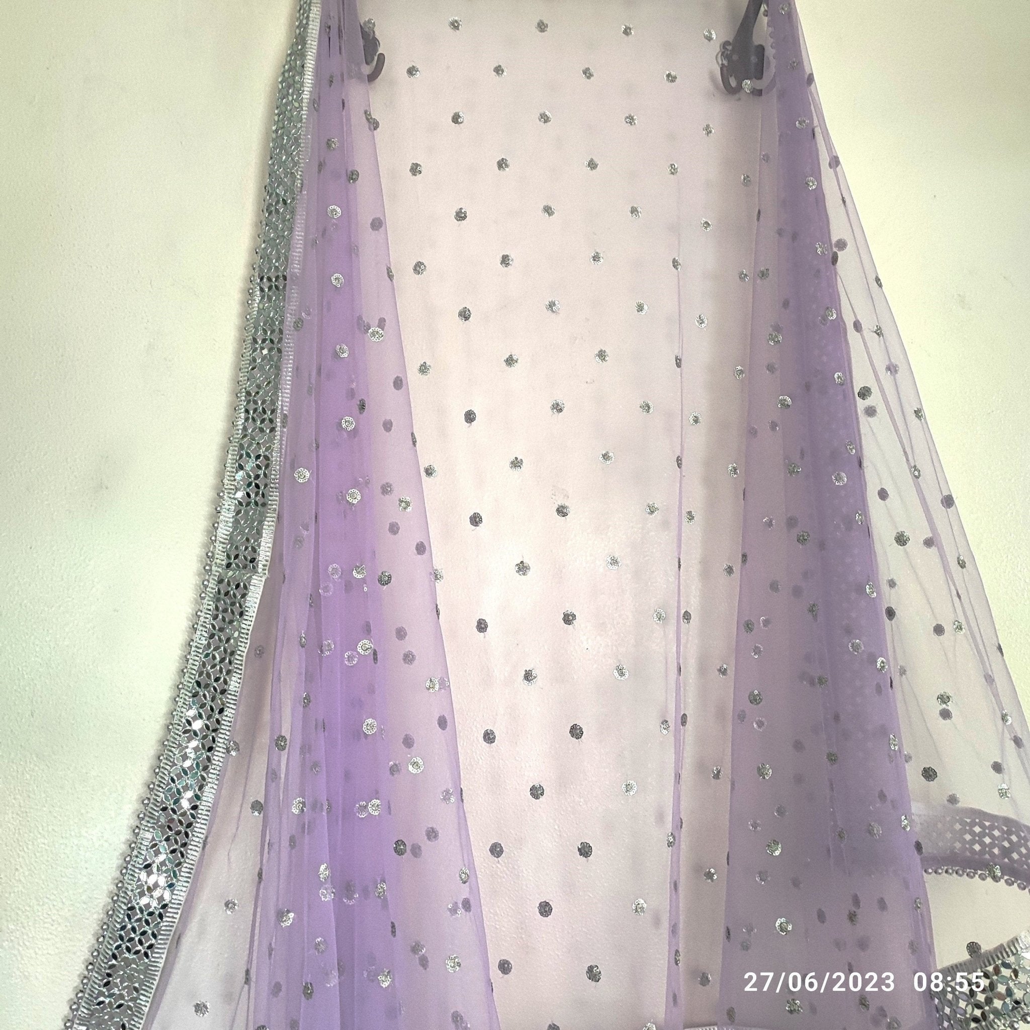 Silver sequin motifs on net. Purple net Indian dupatta. Custom made dupattas - Neel Creations By Saanvi