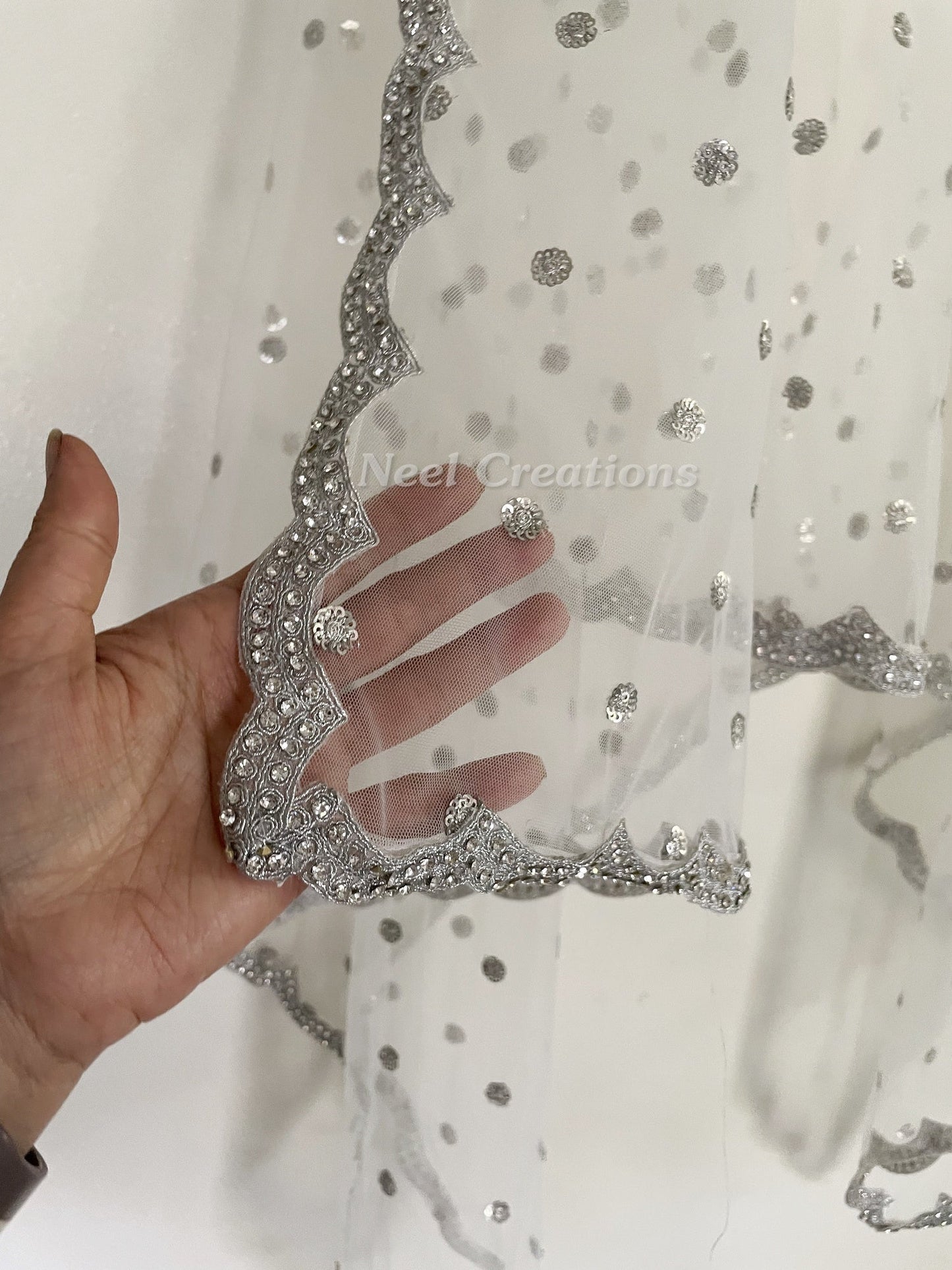 White net with silver sequins dupatta. - Neel Creations By Saanvi