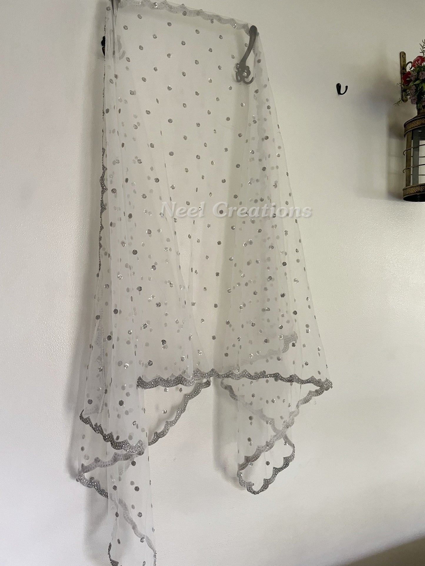 White net with silver sequins dupatta. - Neel Creations By Saanvi