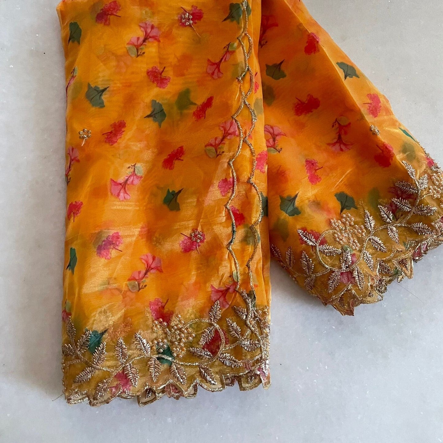 Yellow dupatta in organza material with scallop embroidery border. Indian dupatta for women dresses - Neel Creations By Saanvi