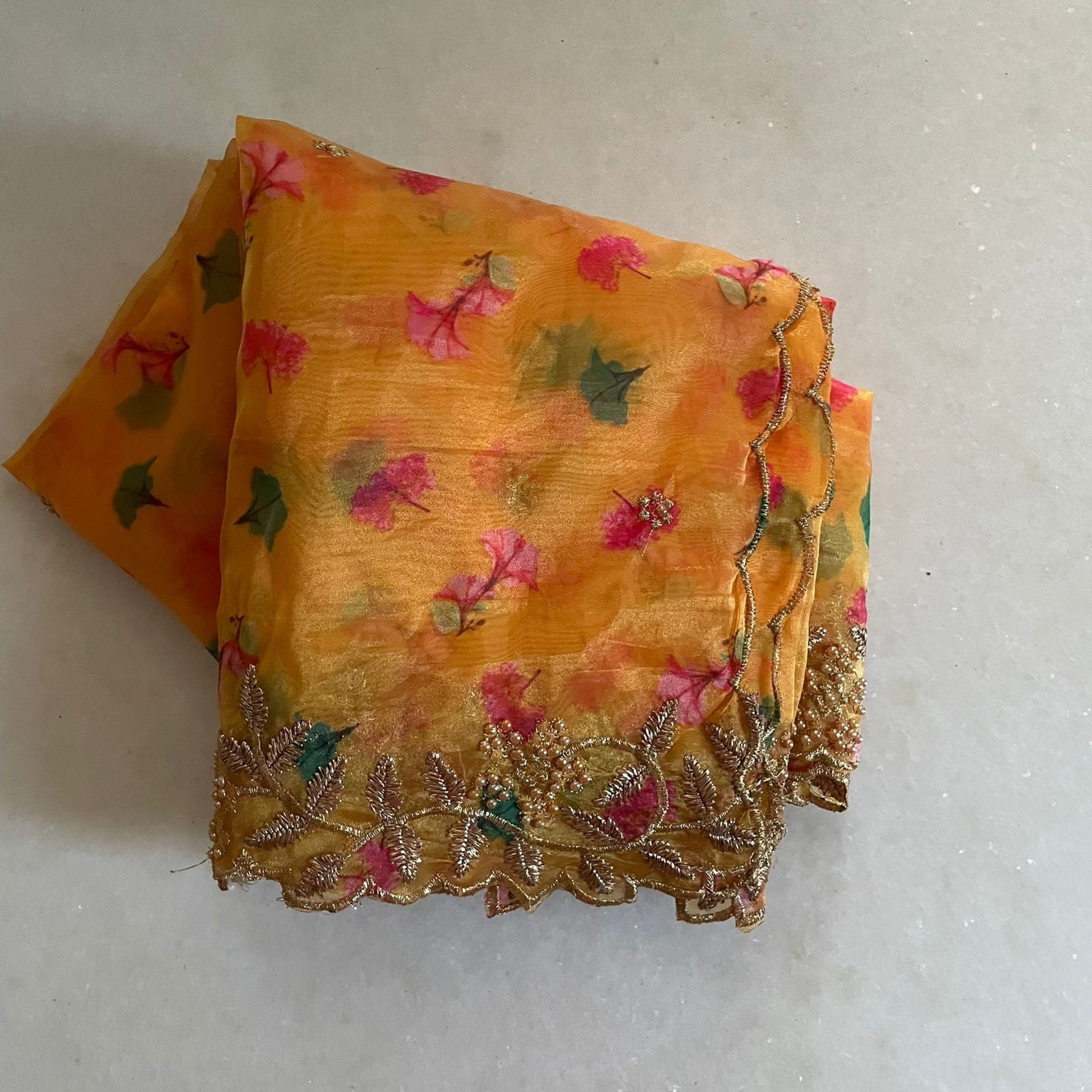 Yellow dupatta in organza material with scallop embroidery border. Indian dupatta for women dresses - Neel Creations By Saanvi