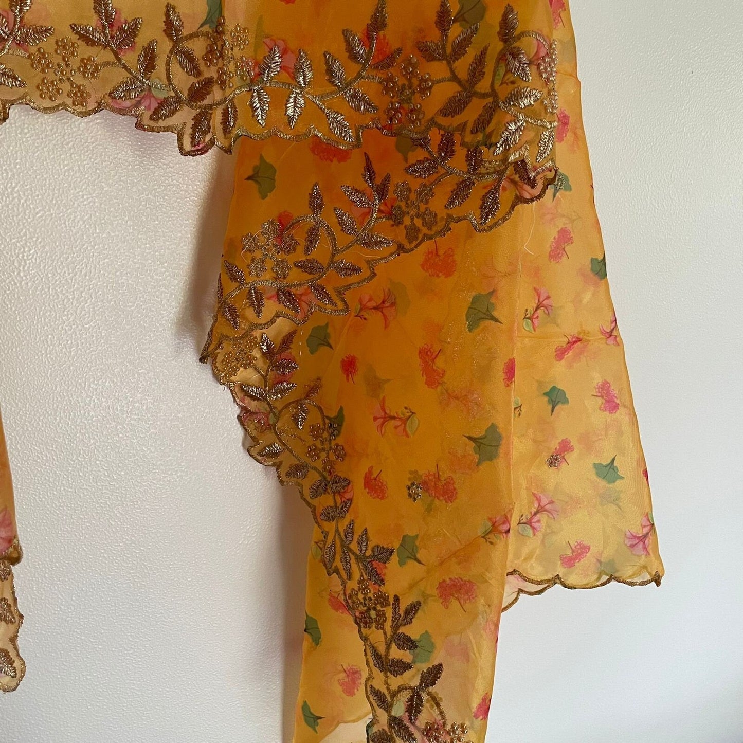 Yellow dupatta in organza material with scallop embroidery border. Indian dupatta for women dresses - Neel Creations By Saanvi