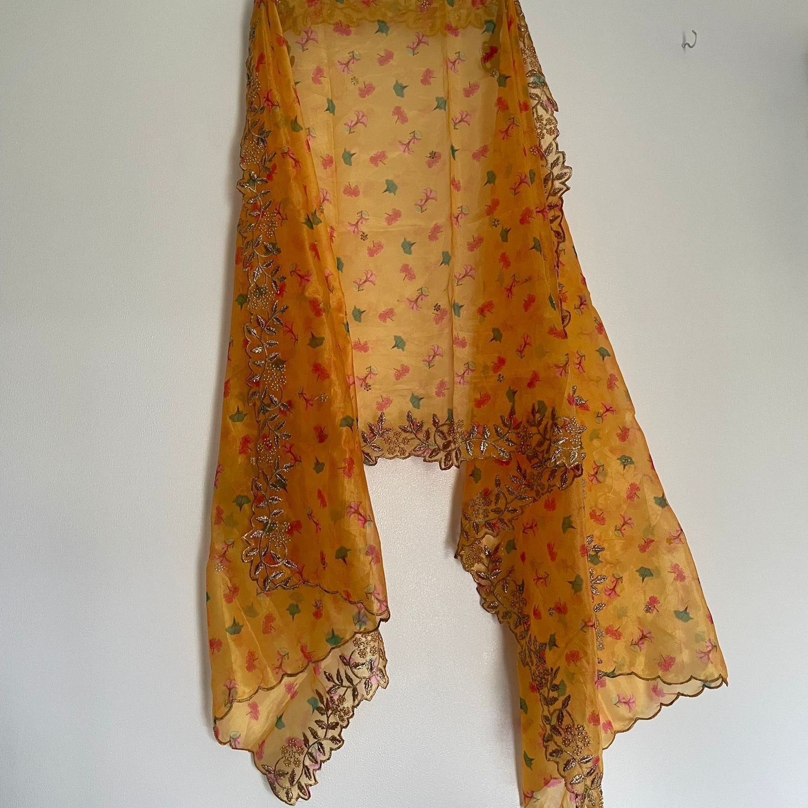 Yellow dupatta in organza material with scallop embroidery border. Indian dupatta for women dresses - Neel Creations By Saanvi