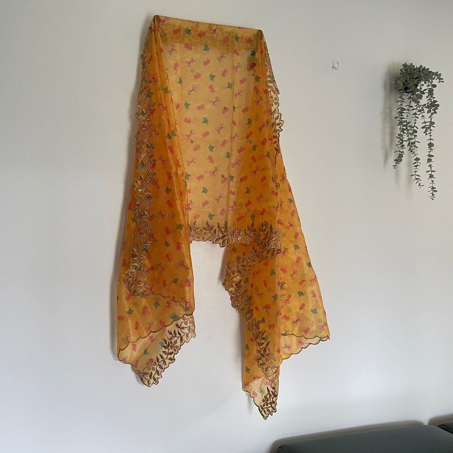 Yellow dupatta in organza material with scallop embroidery border. Indian dupatta for women dresses - Neel Creations By Saanvi