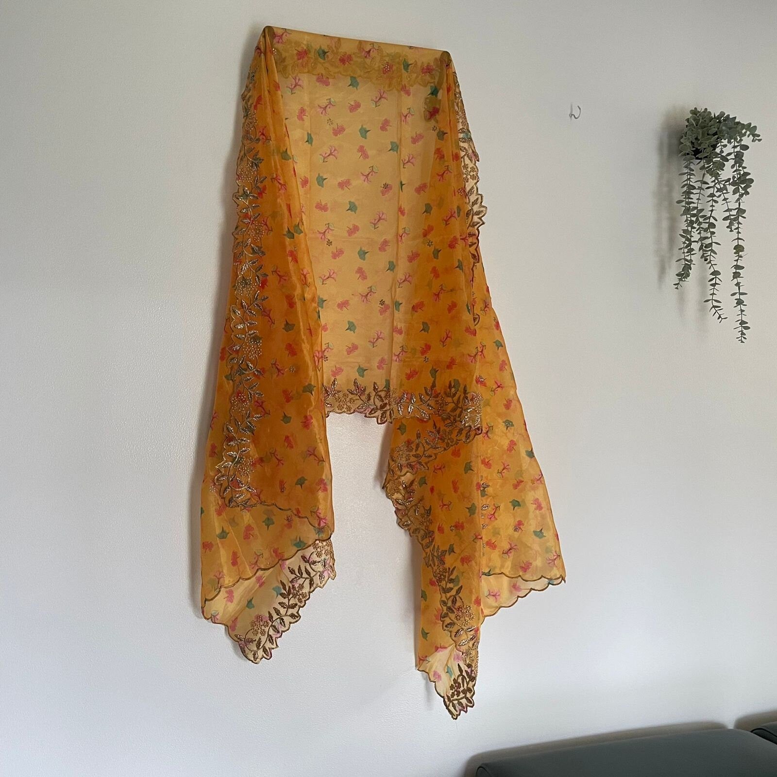 Yellow dupatta in organza material with scallop embroidery border. Indian dupatta for women dresses - Neel Creations By Saanvi