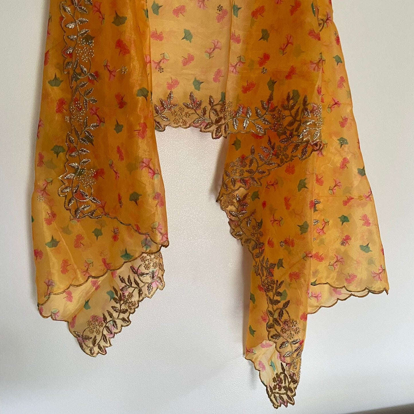 Yellow dupatta in organza material with scallop embroidery border. Indian dupatta for women dresses - Neel Creations By Saanvi