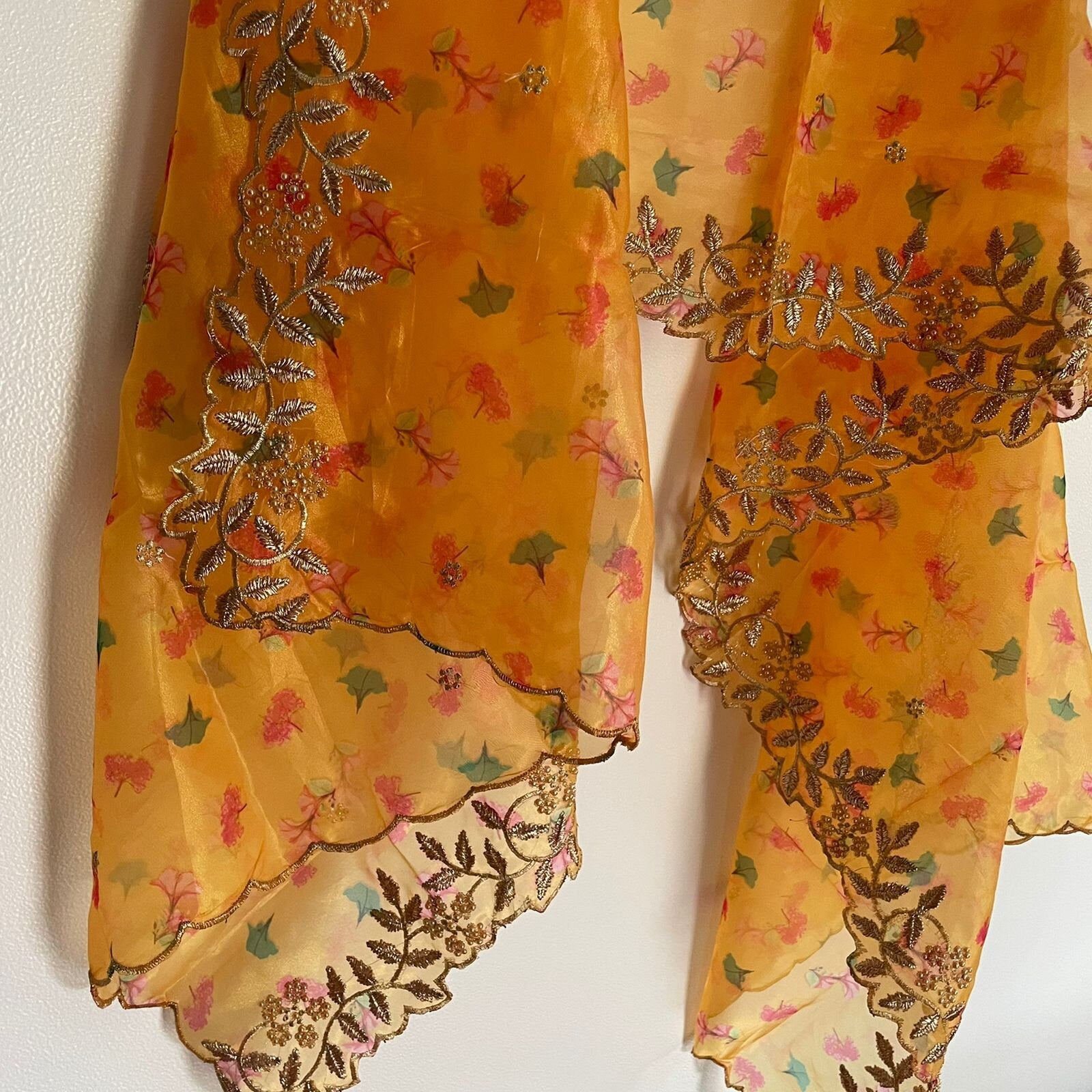 Yellow dupatta in organza material with scallop embroidery border. Indian dupatta for women dresses - Neel Creations By Saanvi