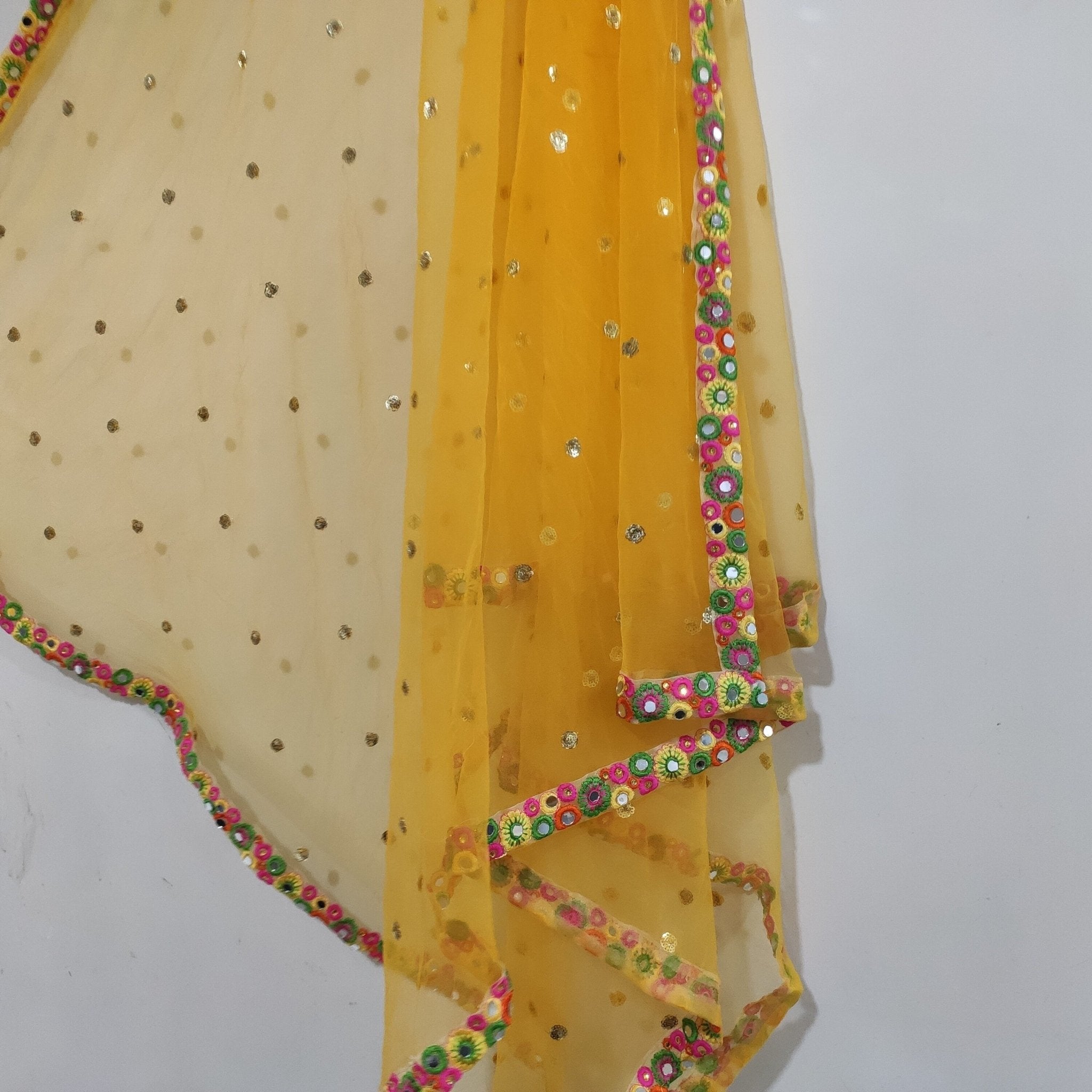 Yellow Net dupatta with mirror border | Indian dupatta | Bridal wedding veil scarf for women girls - Neel Creations By Saanvi