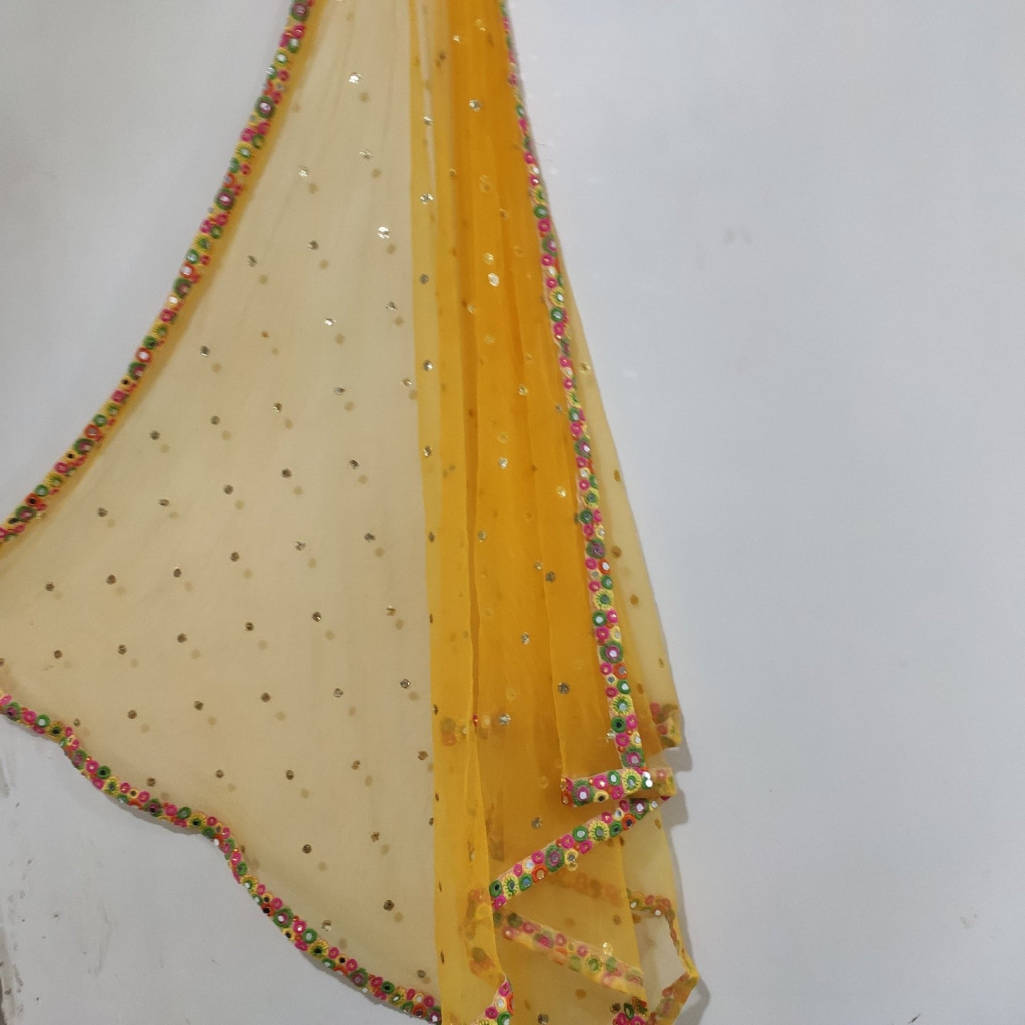 Yellow Net dupatta with mirror border | Indian dupatta | Bridal wedding veil scarf for women girls - Neel Creations By Saanvi