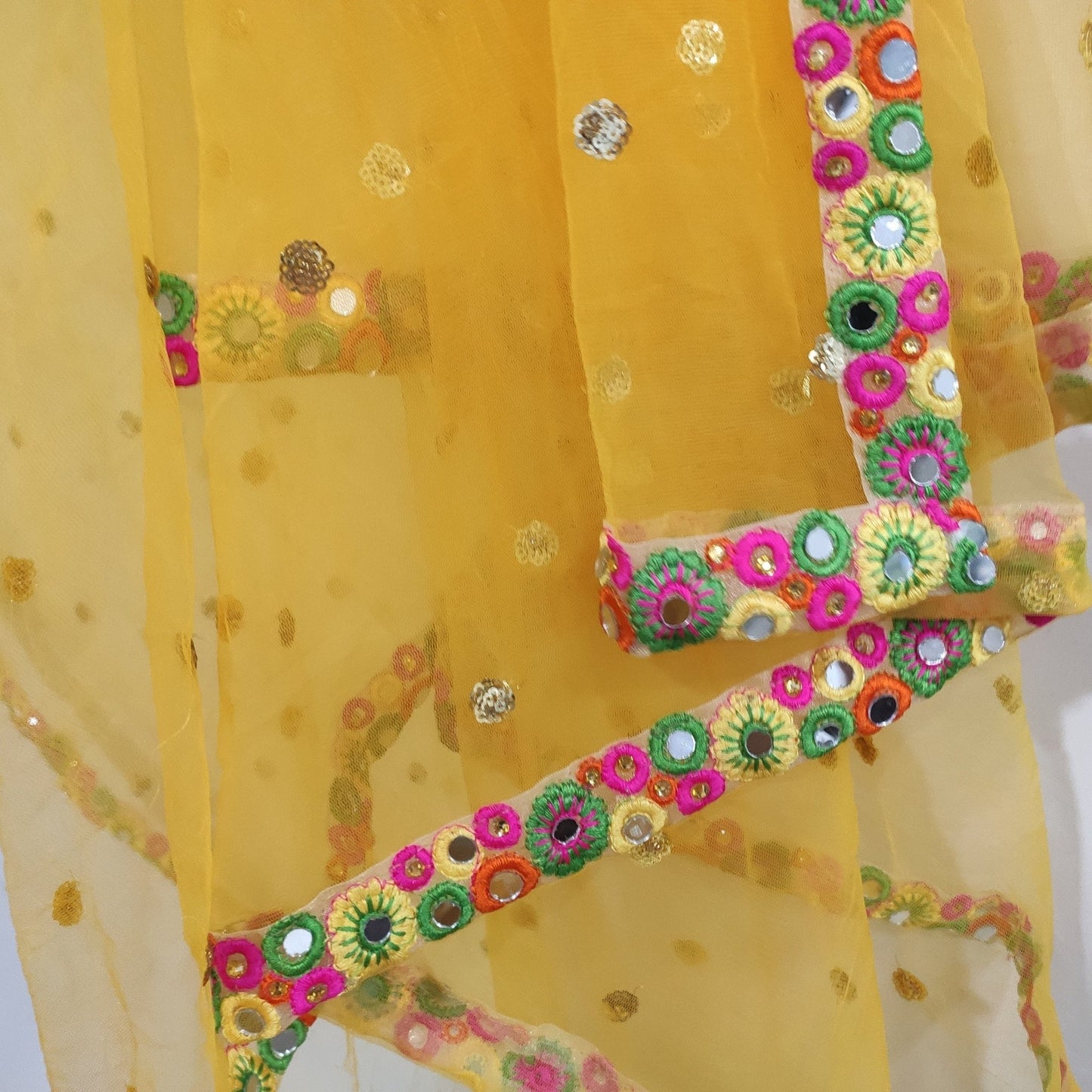 Yellow Net dupatta with mirror border | Indian dupatta | Bridal wedding veil scarf for women girls - Neel Creations By Saanvi
