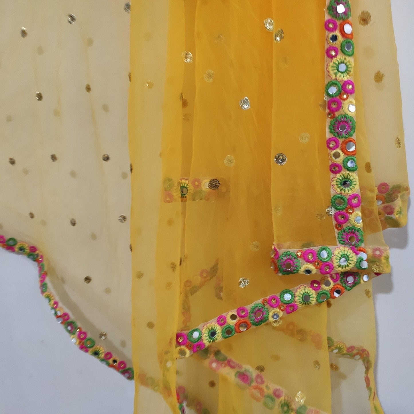 Yellow Net dupatta with mirror border | Indian dupatta | Bridal wedding veil scarf for women girls - Neel Creations By Saanvi