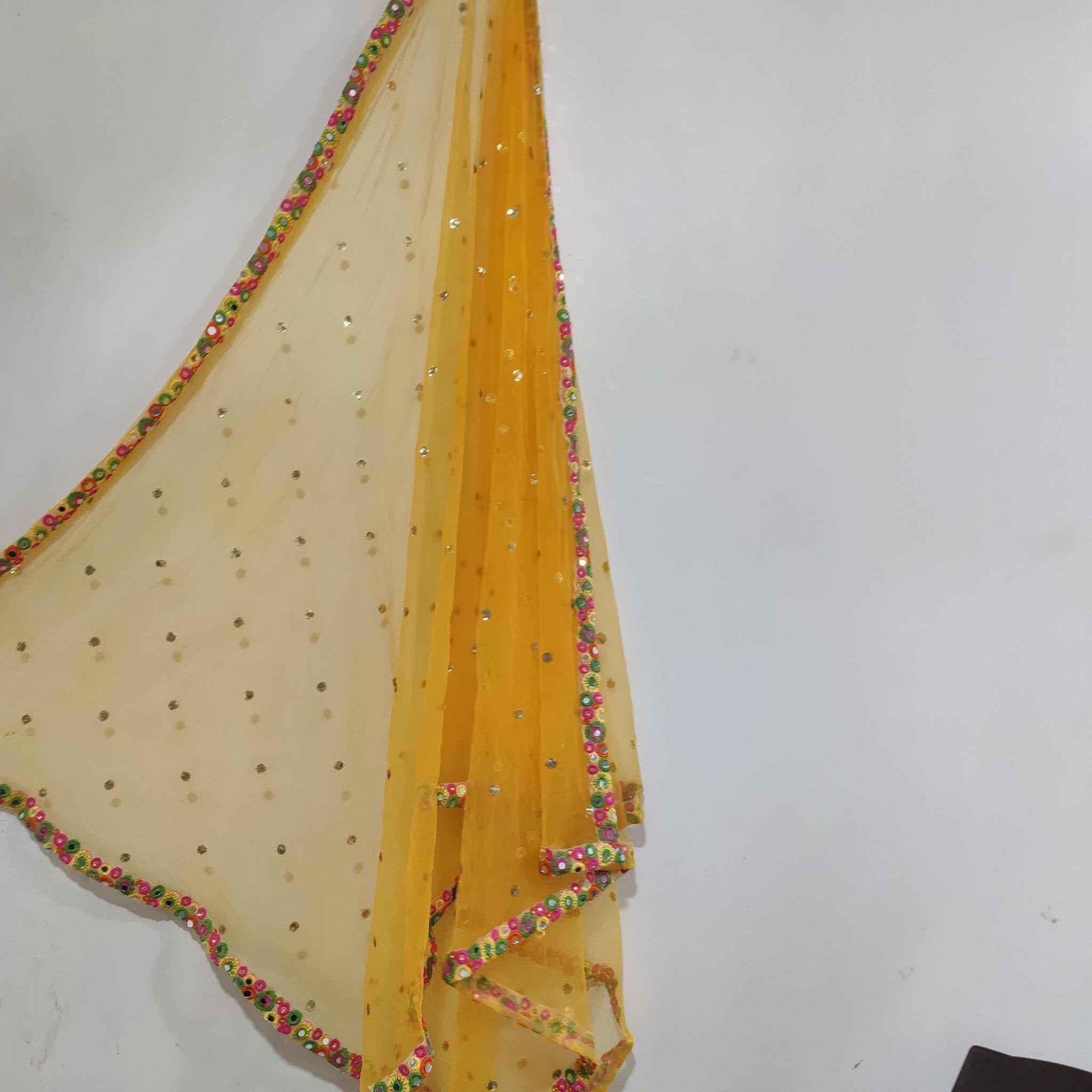 Yellow Net dupatta with mirror border | Indian dupatta | Bridal wedding veil scarf for women girls - Neel Creations By Saanvi