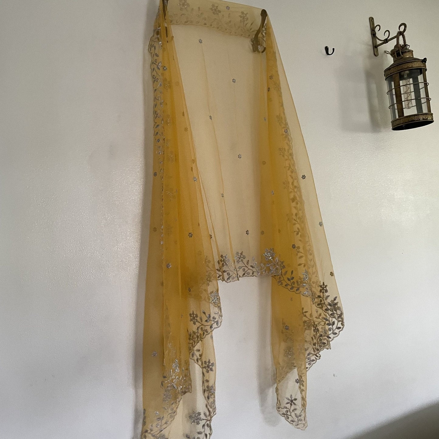 Yellow net dupatta with silver embroidery. Indian dress dupatta - Neel Creations By Saanvi