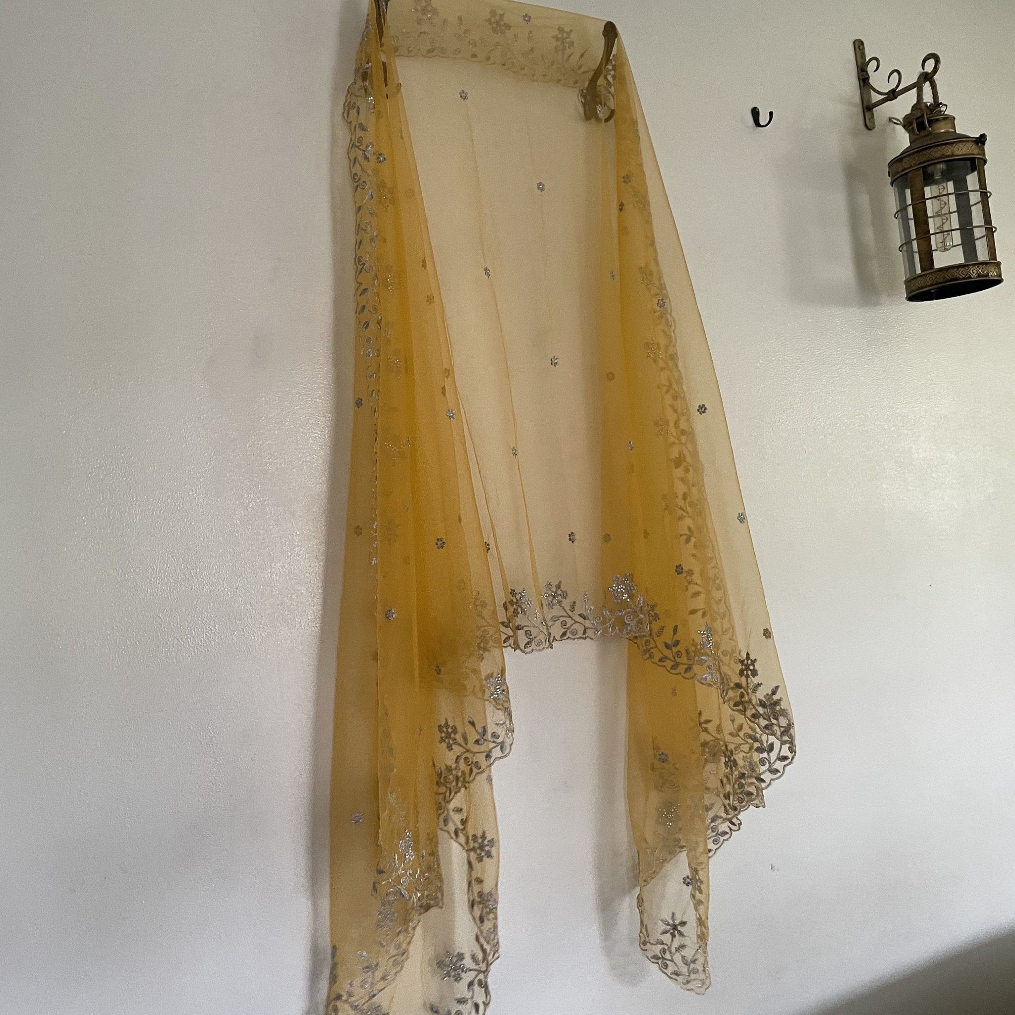 Yellow net dupatta with silver embroidery. Indian dress dupatta - Neel Creations By Saanvi