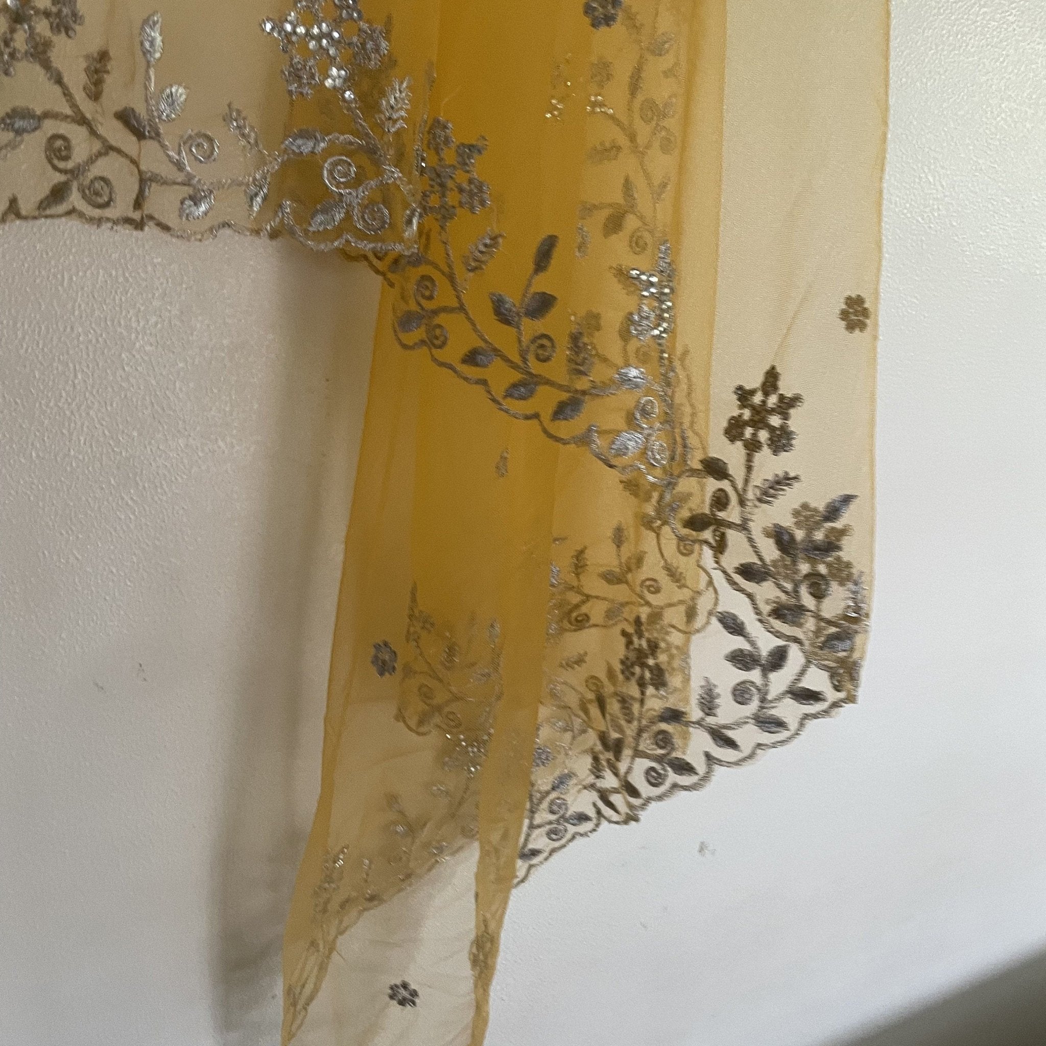 Yellow net dupatta with silver embroidery. Indian dress dupatta - Neel Creations By Saanvi