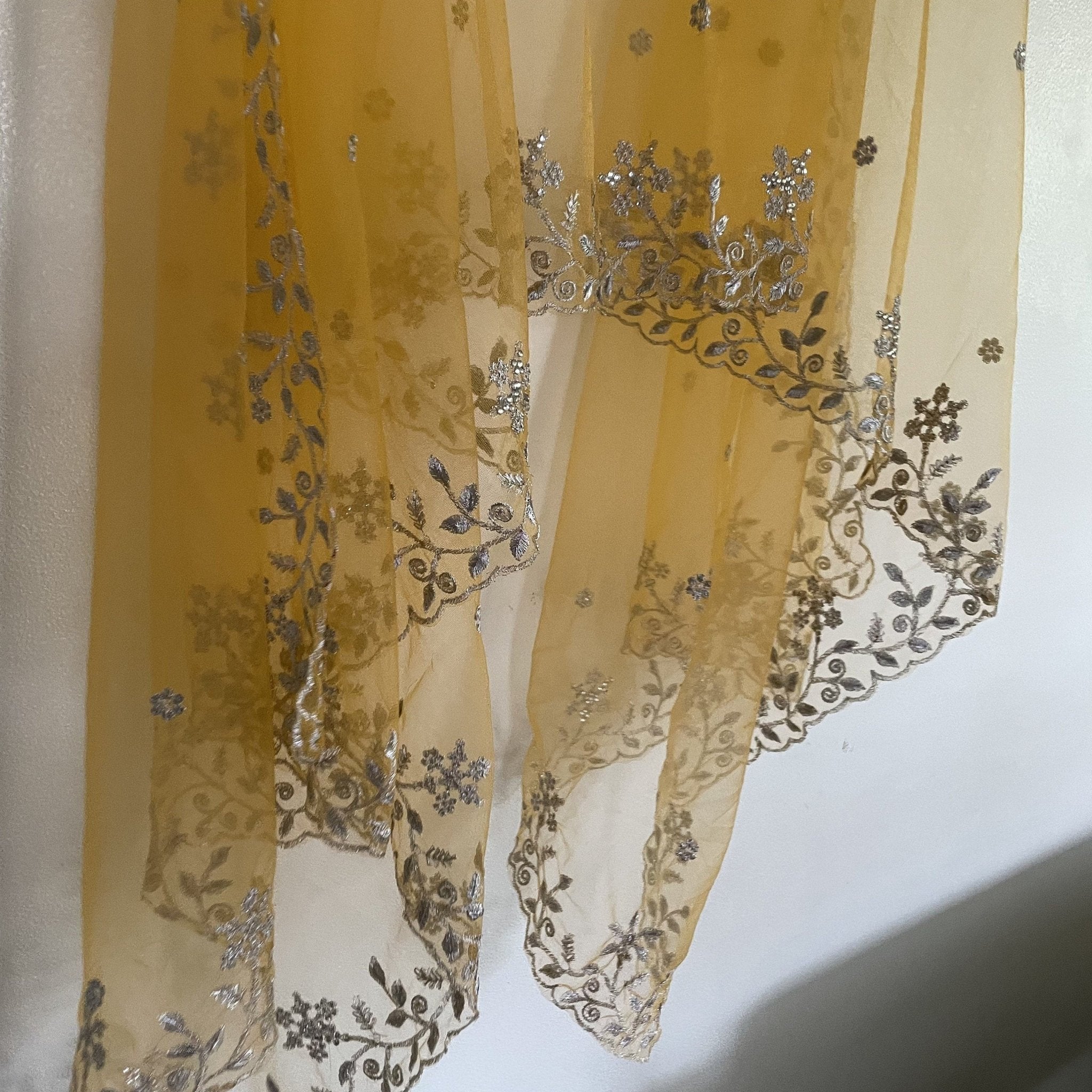 Yellow net dupatta with silver embroidery. Indian dress dupatta - Neel Creations By Saanvi