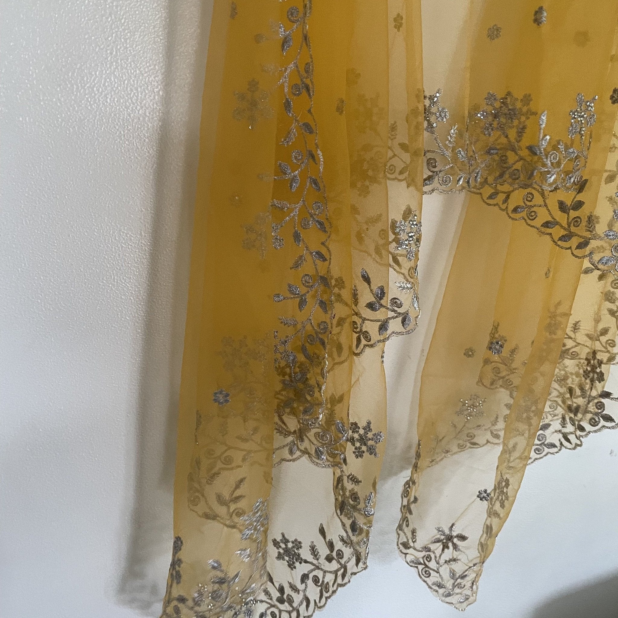 Yellow net dupatta with silver embroidery. Indian dress dupatta - Neel Creations By Saanvi