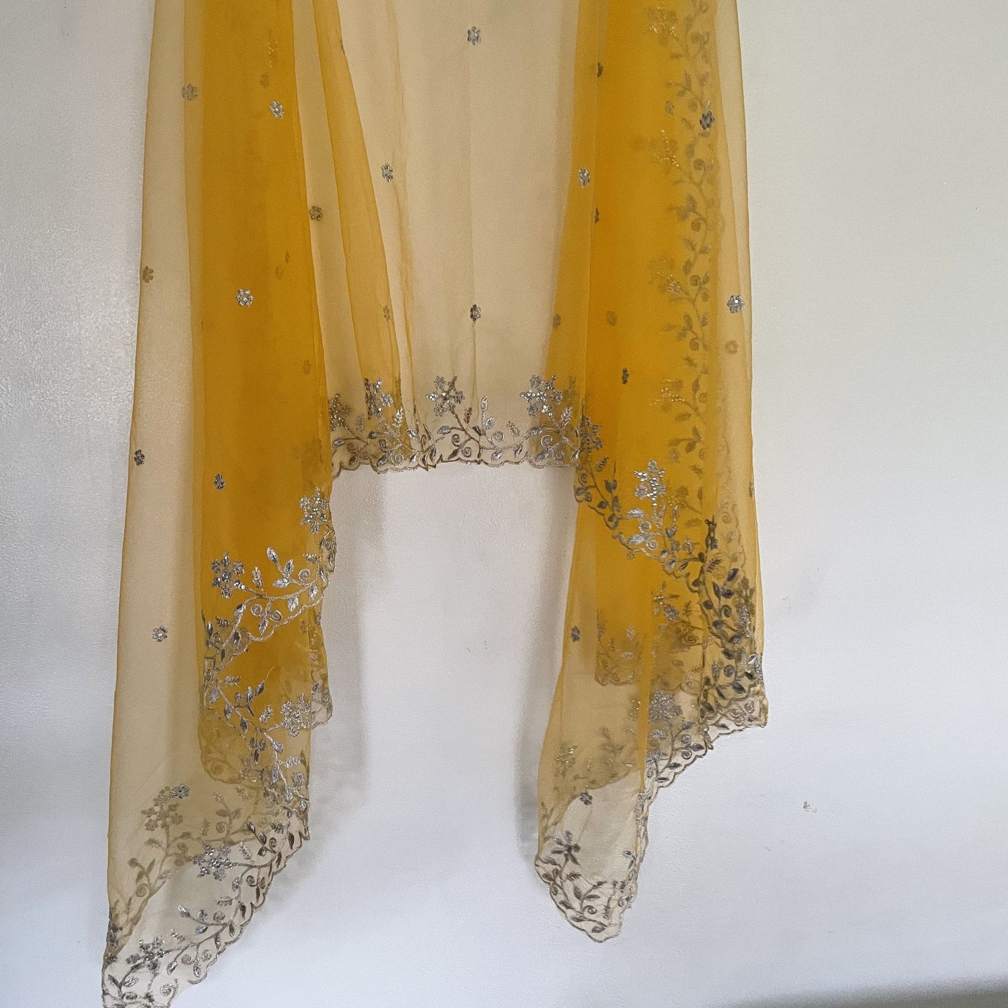 Yellow net dupatta with silver embroidery. Indian dress dupatta - Neel Creations By Saanvi