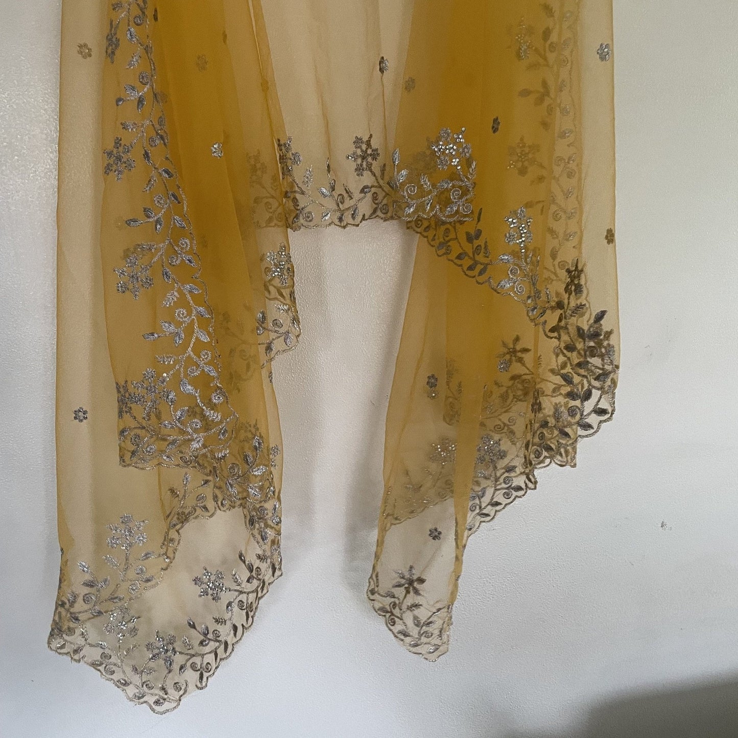 Yellow net dupatta with silver embroidery. Indian dress dupatta - Neel Creations By Saanvi